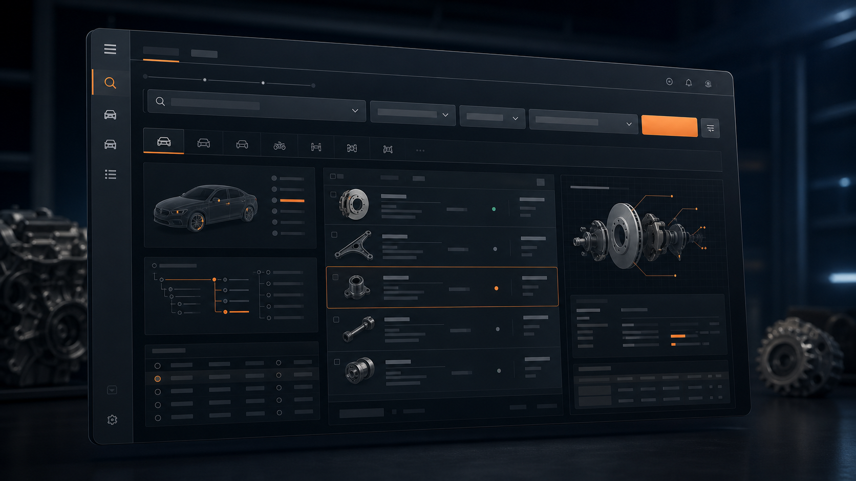 Professional auto parts fitment dashboard with search and matching results
