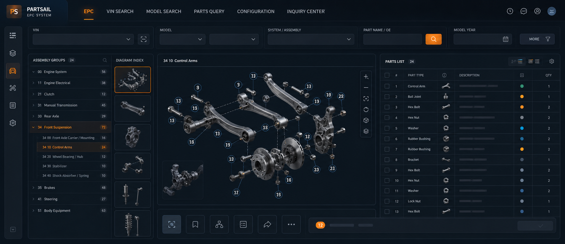 Dark professional EPC electronic parts catalog interface with assembly groups, exploded diagram, and parts list