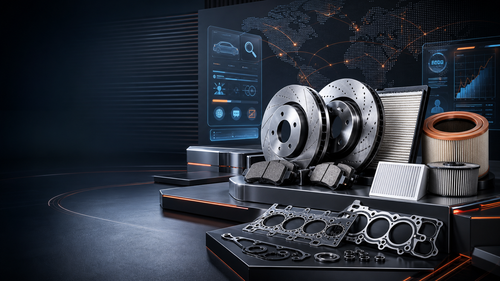Premium digital showroom with brake discs, filters, gaskets, and global auto parts export data