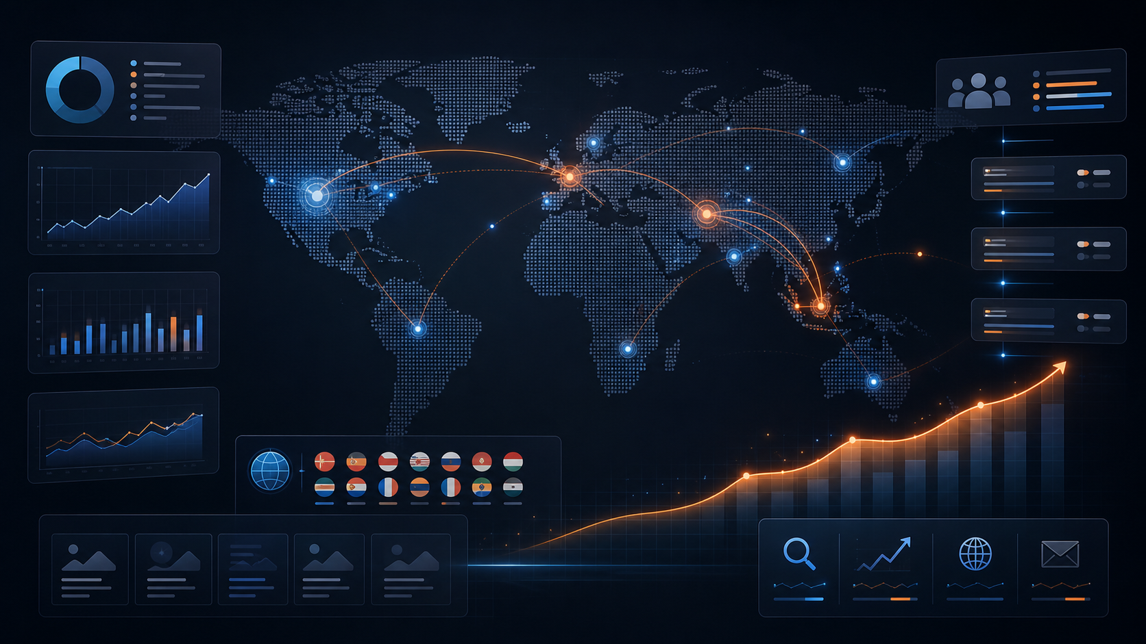 Global SEO growth dashboard with multilingual market coverage and inquiry signals